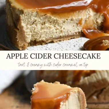 Delicious apple cider cheesecake topped with caramel and apple slices