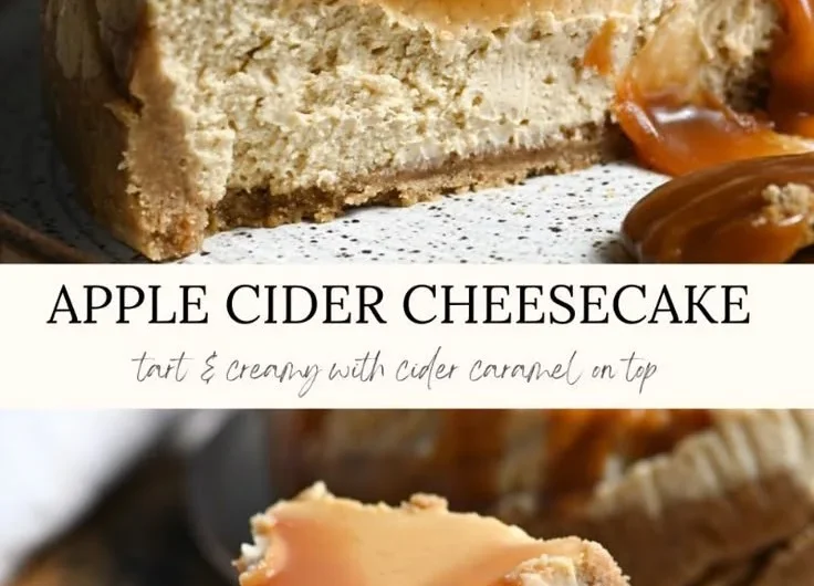Delicious apple cider cheesecake topped with caramel and apple slices