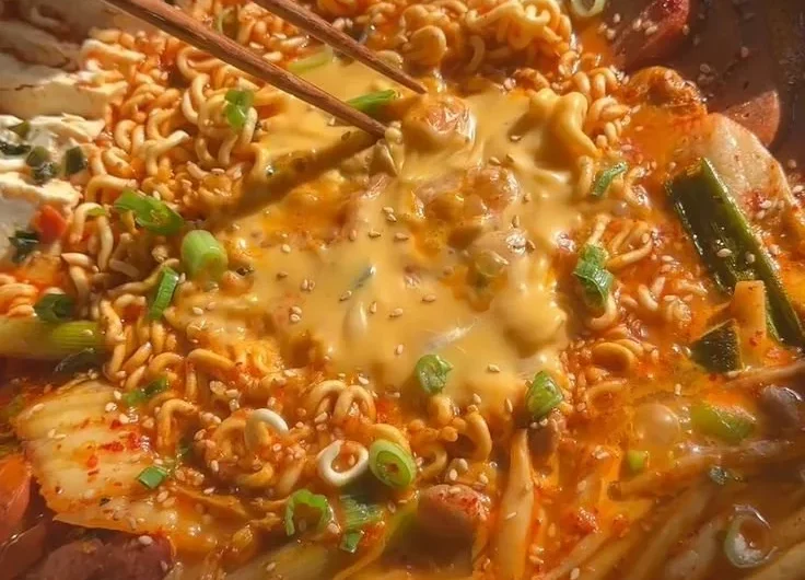 Delicious Army Stew (Budae Jjigae) topped with cheese and Spam, served in a hot pot.
