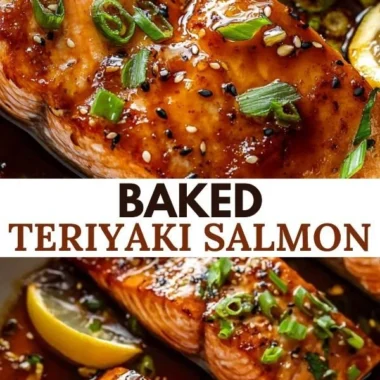 Baked teriyaki salmon fillet garnished with green onions on a plate.