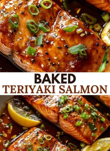 Baked teriyaki salmon fillet garnished with green onions on a plate.