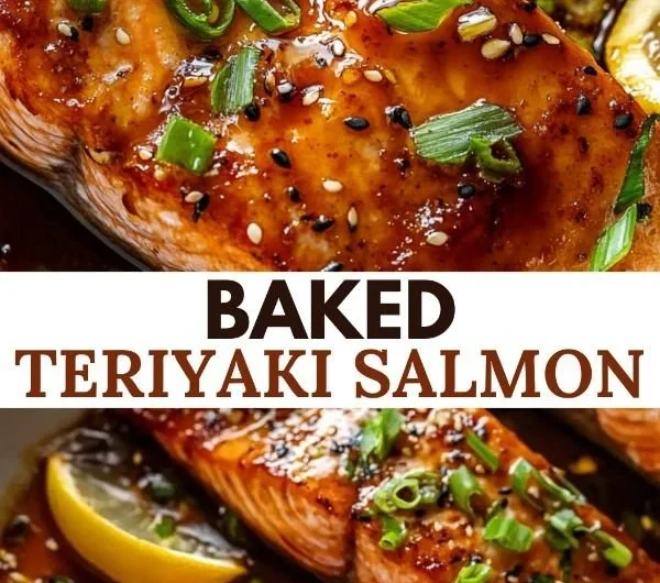 Baked teriyaki salmon fillet garnished with green onions on a plate.