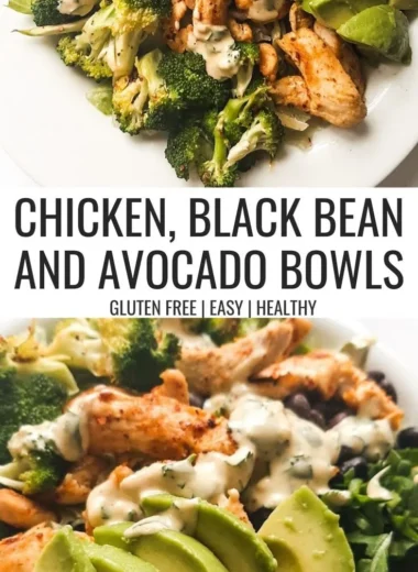 Delicious black bean, avocado, and chicken bowls served in a vibrant dish