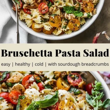 Bruschetta Pasta Salad with mini mozzarella balls and fresh tomatoes