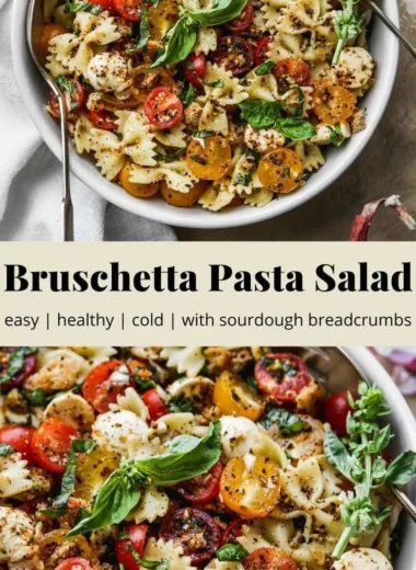Bruschetta Pasta Salad with mini mozzarella balls and fresh tomatoes
