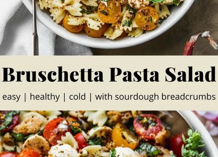 Bruschetta Pasta Salad with mini mozzarella balls and fresh tomatoes