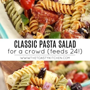 A bowl of classic pasta salad with colorful vegetables and dressing