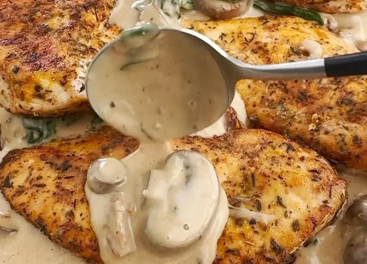 Creamy mushroom chicken served on a plate with fresh herbs and sides