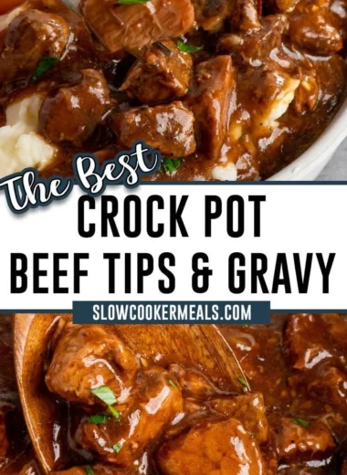 Crock Pot beef tips simmering in a rich gravy sauce