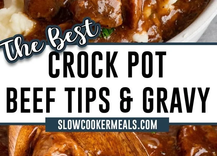 Crock Pot beef tips simmering in a rich gravy sauce
