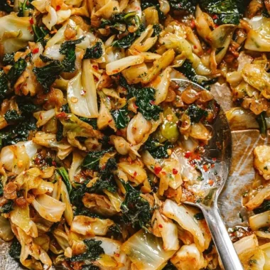 Garlic sautéed cabbage and kale skillet in a frying pan