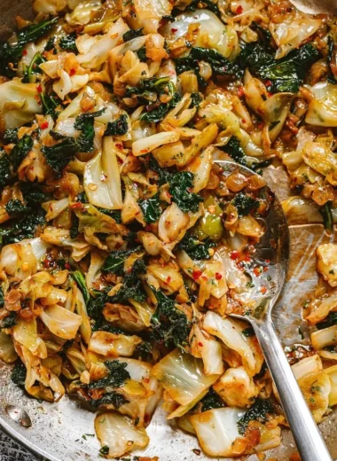 Garlic sautéed cabbage and kale skillet in a frying pan