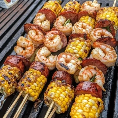 Plate of grilled seafood skewers with shrimp and vegetables on a barbecue grill.