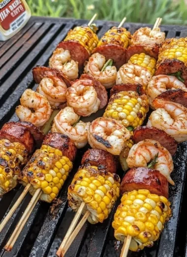 Plate of grilled seafood skewers with shrimp and vegetables on a barbecue grill.