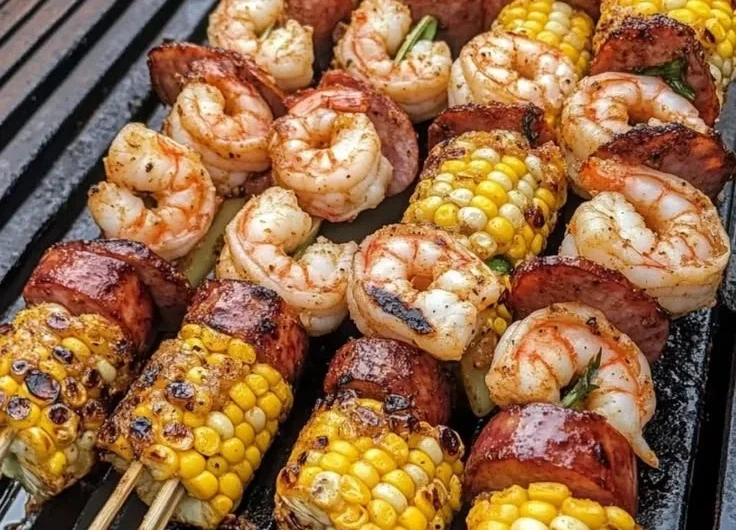 Plate of grilled seafood skewers with shrimp and vegetables on a barbecue grill.