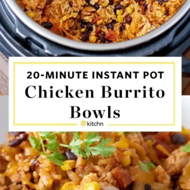 Instant Pot chicken burrito bowls recipe with rice, beans, and fresh toppings.