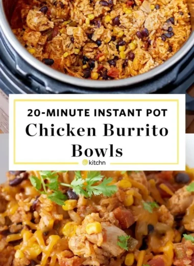 Instant Pot chicken burrito bowls recipe with rice, beans, and fresh toppings.