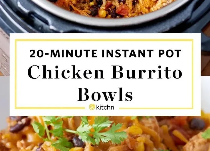 Instant Pot chicken burrito bowls recipe with rice, beans, and fresh toppings.