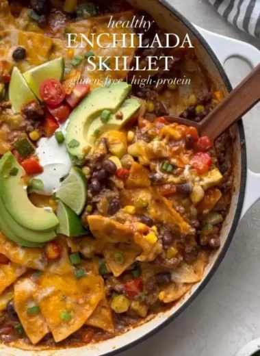 One Pan Enchilada Casserole baked with layers of tortillas, cheese, and spices