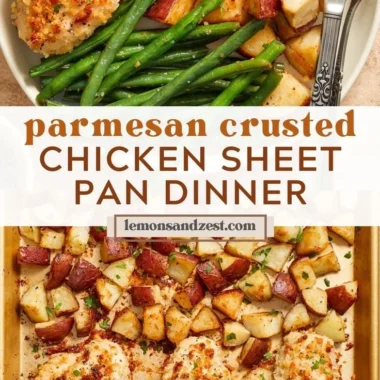 Parmesan Crusted Chicken Sheet Pan Dinner with vegetables and herbs
