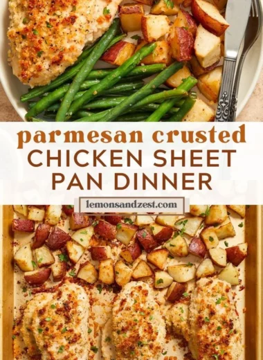 Parmesan Crusted Chicken Sheet Pan Dinner with vegetables and herbs