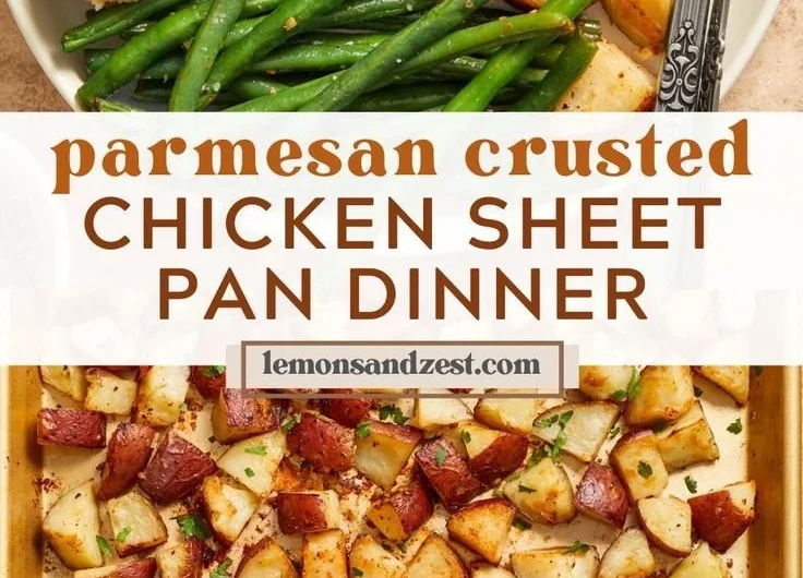 Parmesan Crusted Chicken Sheet Pan Dinner with vegetables and herbs