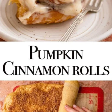 Freshly baked Pumpkin Cinnamon Rolls topped with cream cheese icing