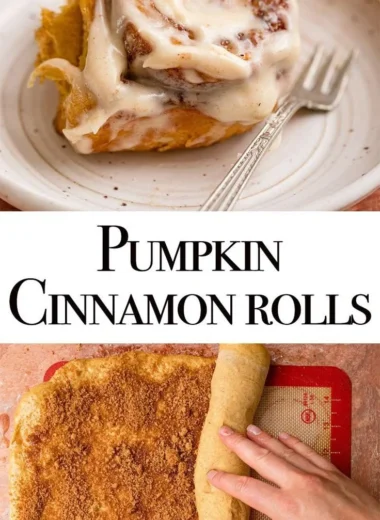 Freshly baked Pumpkin Cinnamon Rolls topped with cream cheese icing