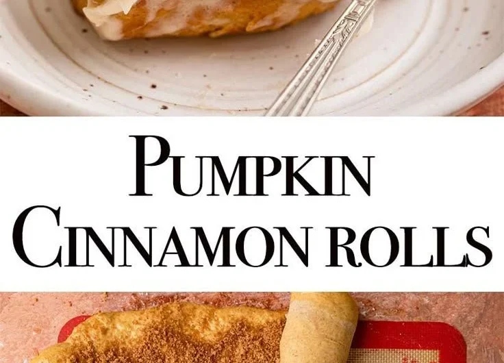 Freshly baked Pumpkin Cinnamon Rolls topped with cream cheese icing