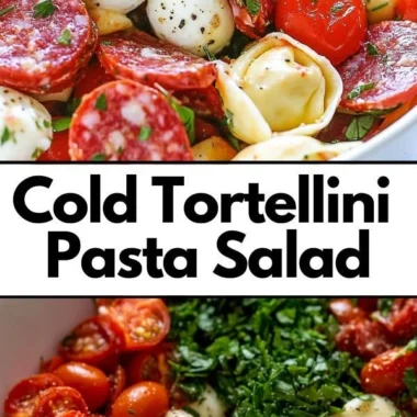 Roasted Red Pepper and Parmesan Tortellini Salad garnished with fresh herbs
