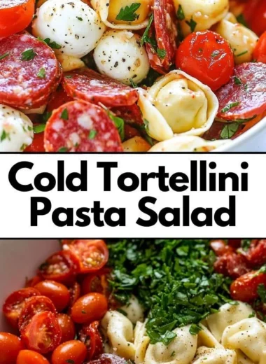 Roasted Red Pepper and Parmesan Tortellini Salad garnished with fresh herbs