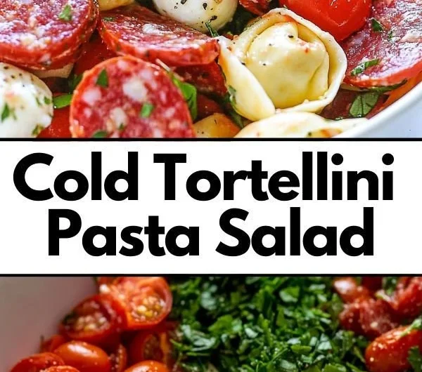 Roasted Red Pepper and Parmesan Tortellini Salad garnished with fresh herbs