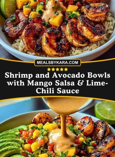 Shrimp avocado bowls with mango salsa and lime-chili sauce