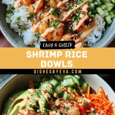 Shrimp rice bowls topped with spicy mayo, garnished and ready to serve.