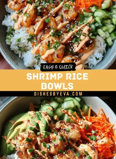 Shrimp rice bowls topped with spicy mayo, garnished and ready to serve.