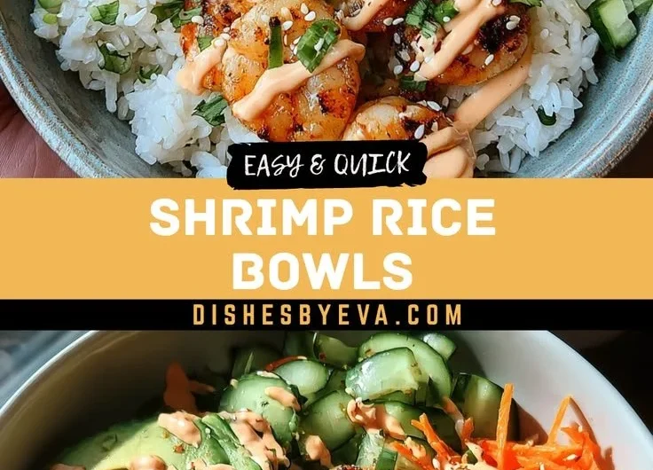 Shrimp rice bowls topped with spicy mayo, garnished and ready to serve.