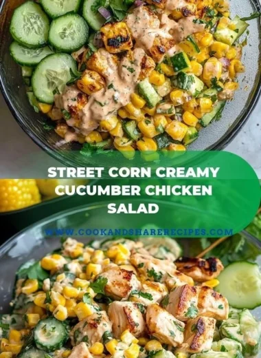 A bowl of Street Corn Creamy Cucumber Chicken Salad featuring vibrant ingredients.
