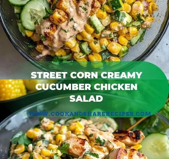 A bowl of Street Corn Creamy Cucumber Chicken Salad featuring vibrant ingredients.