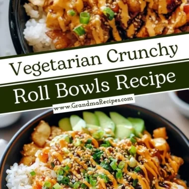 A colorful bowl of Vegetarian Crunchy Roll Bowls with fresh vegetables and sushi rice.