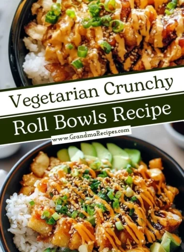 A colorful bowl of Vegetarian Crunchy Roll Bowls with fresh vegetables and sushi rice.