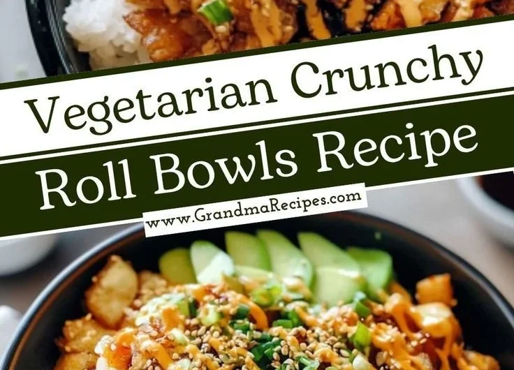 A colorful bowl of Vegetarian Crunchy Roll Bowls with fresh vegetables and sushi rice.