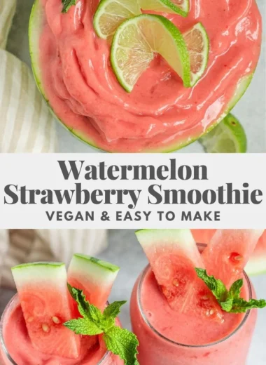 A refreshing watermelon smoothie with mint in a glass on a sunny day