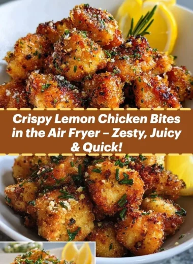 Plate of zesty air fryer lemon chicken bites garnished with herbs