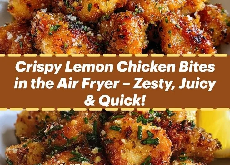 Plate of zesty air fryer lemon chicken bites garnished with herbs