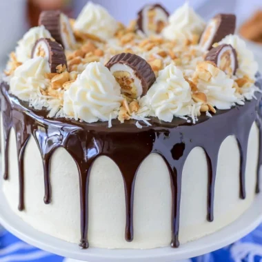 Delicious Almond Joy Layer Cake with chocolate and coconut frosting.