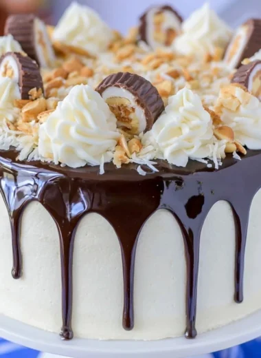 Delicious Almond Joy Layer Cake with chocolate and coconut frosting.