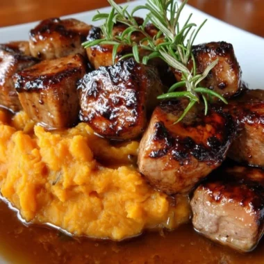 Delicious Apple Cider Pork served with creamy mashed sweet potatoes.