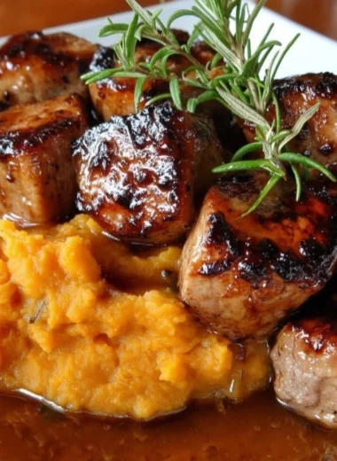 Delicious Apple Cider Pork served with creamy mashed sweet potatoes.