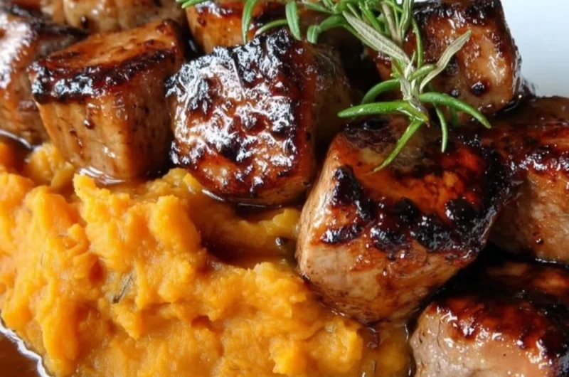 Delicious Apple Cider Pork served with creamy mashed sweet potatoes.