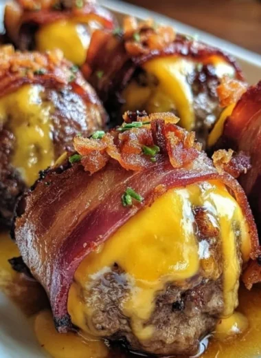 Bacon cheeseburger bombs filled with cheese and bacon, ready to eat.